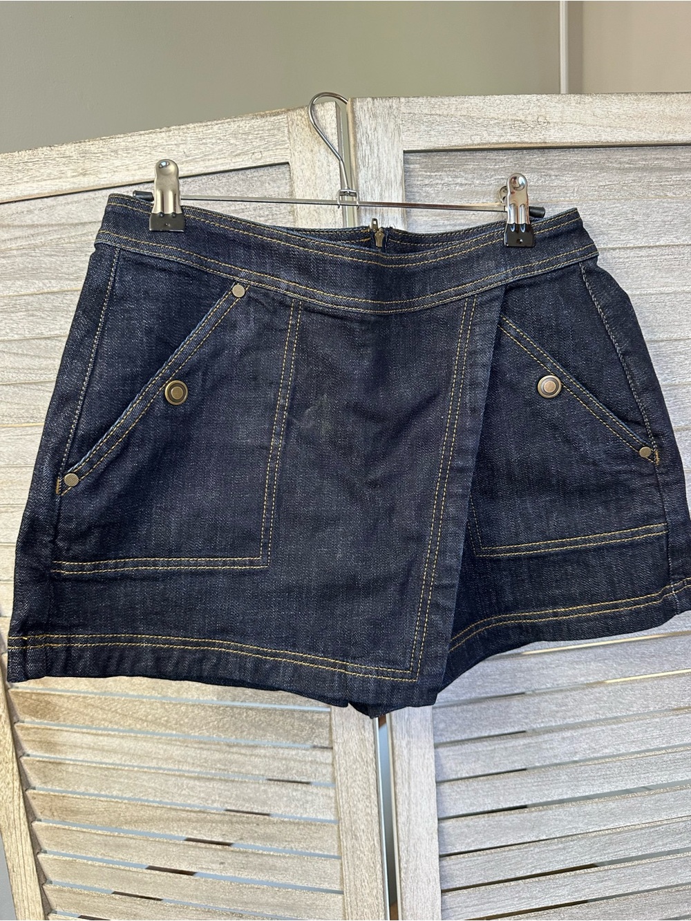 CAbi Dark Indigo Denim Skort with Pocket Accents
